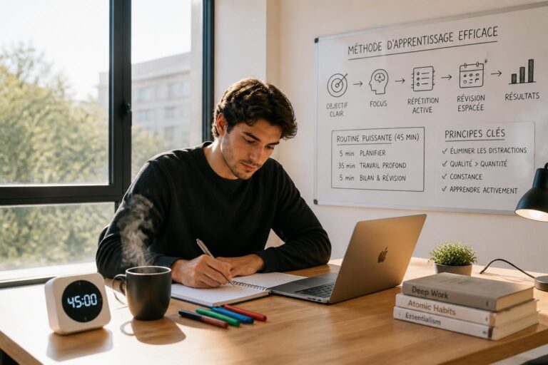 découvrez une routine efficace de 45 minutes qui remplace 3 heures de révisions inefficaces pour optimiser votre apprentissage et gagner du temps.